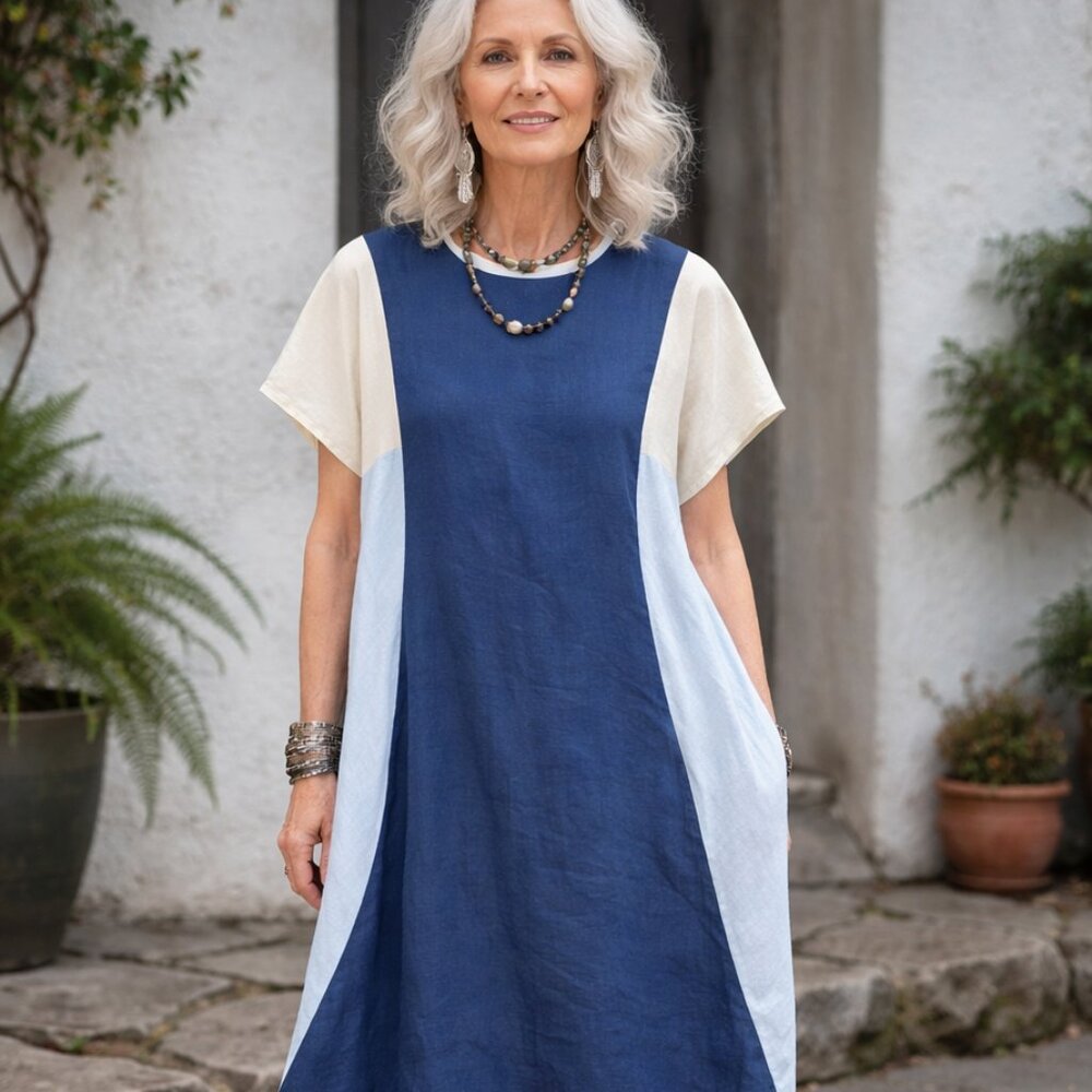 NU 100% Linen Colorblock Cocoon Dress Tunic size M/L Balloon Lagenlook Resort